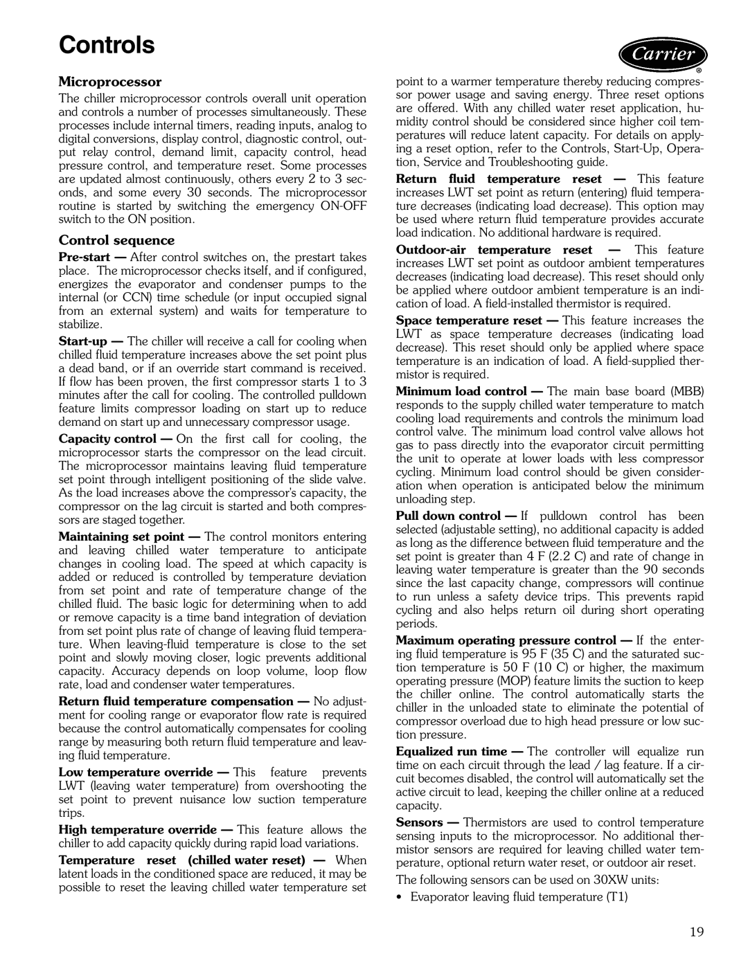 Carrier 30XW325-400 manual Controls, Microprocessor, Control sequence 
