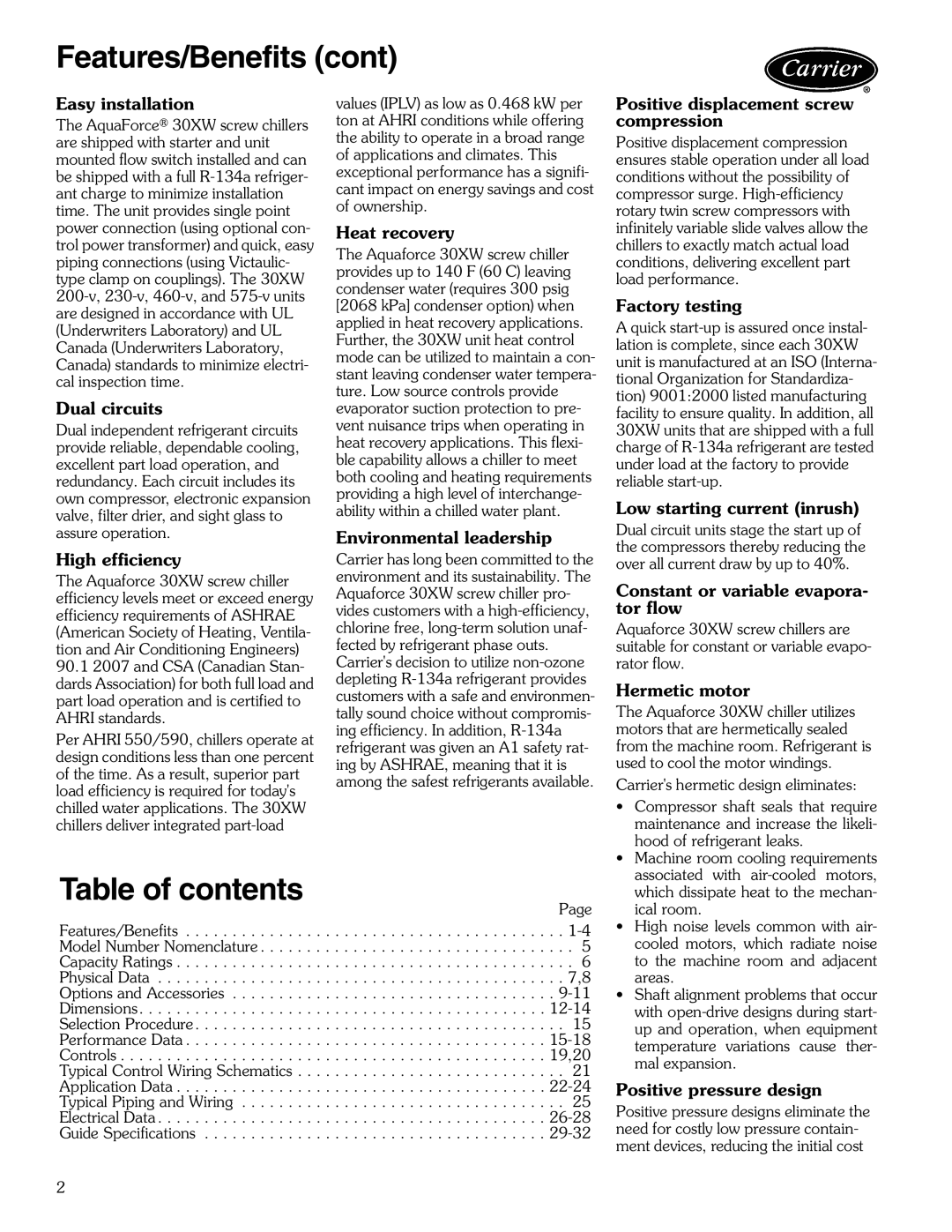 Carrier 30XW325-400 manual Table of contents 