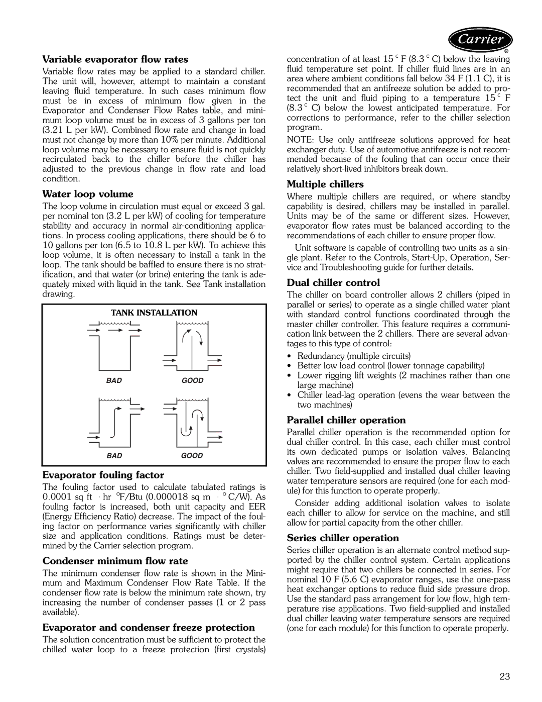 Carrier 30XW325-400 manual Variable evaporator flow rates, Water loop volume, Evaporator fouling factor, Multiple chillers 