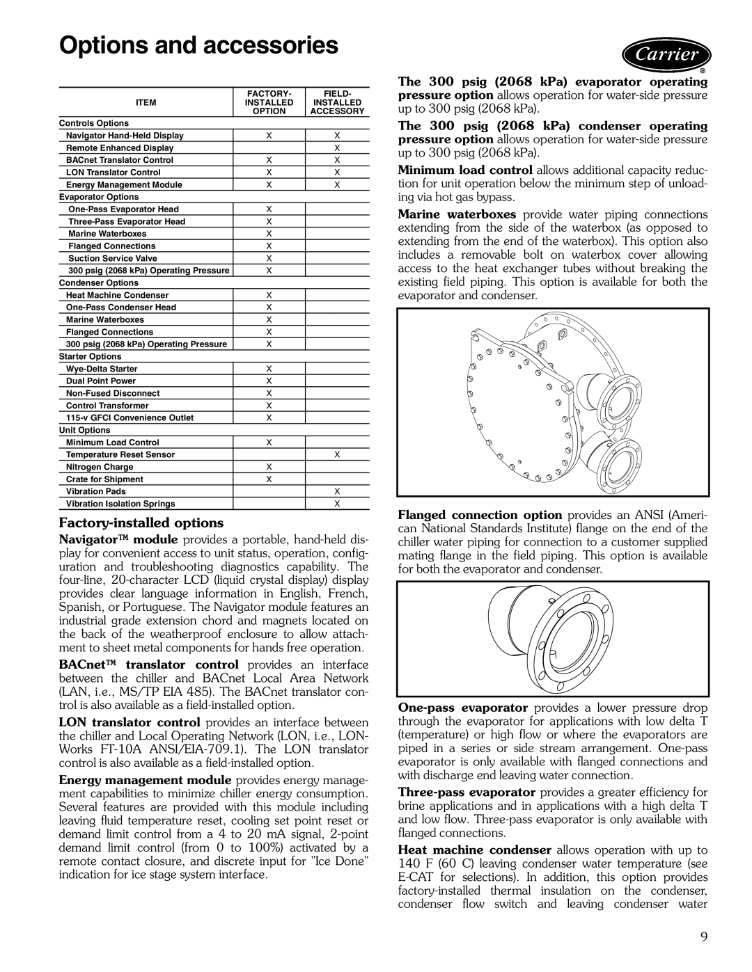 Carrier 30XW325-400 manual Options and accessories, Factory-installed options, A30-4684.eps, A30-4685 