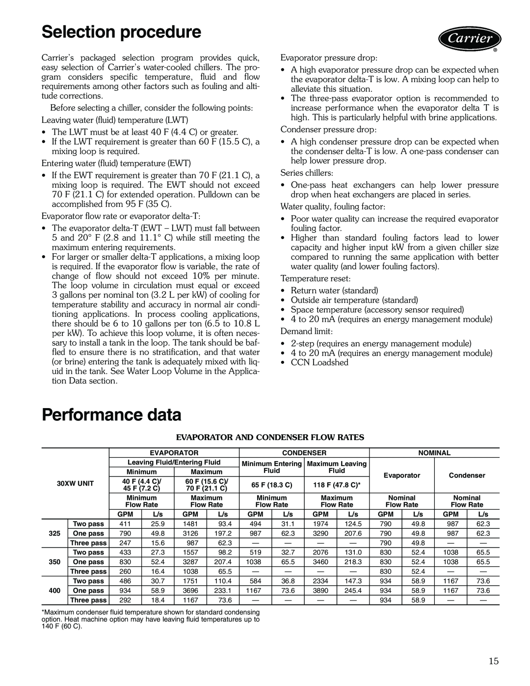Carrier 30XW325-400 manual Selection procedure, Performance data 