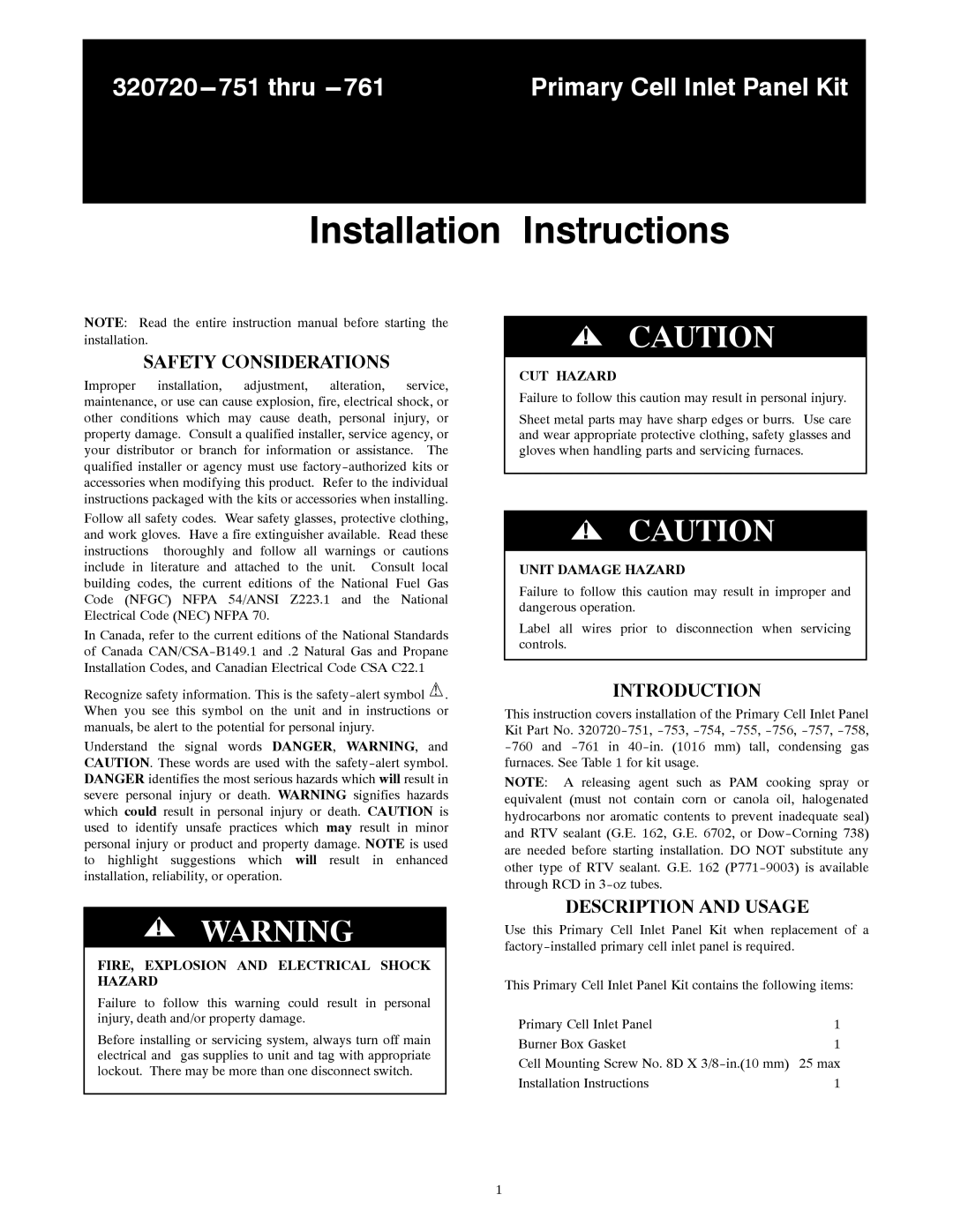 Carrier 320720---751 THRU ---761 installation instructions Safety Considerations, Introduction, Description and Usage 