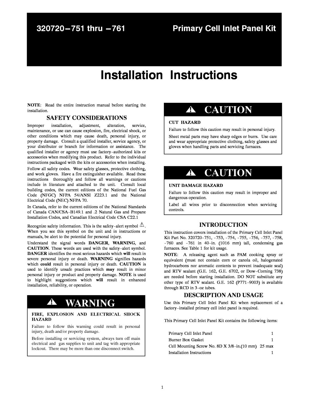 Carrier 320720---751 THRU ---761 installation instructions Safety Considerations, Introduction, Description And Usage 