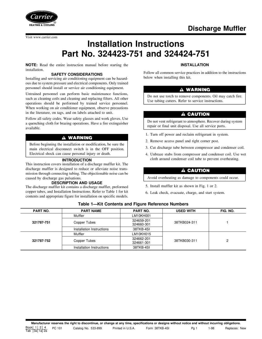 Carrier 324424-751, 324423-751 installation instructions Installation Instructions Part No -751 