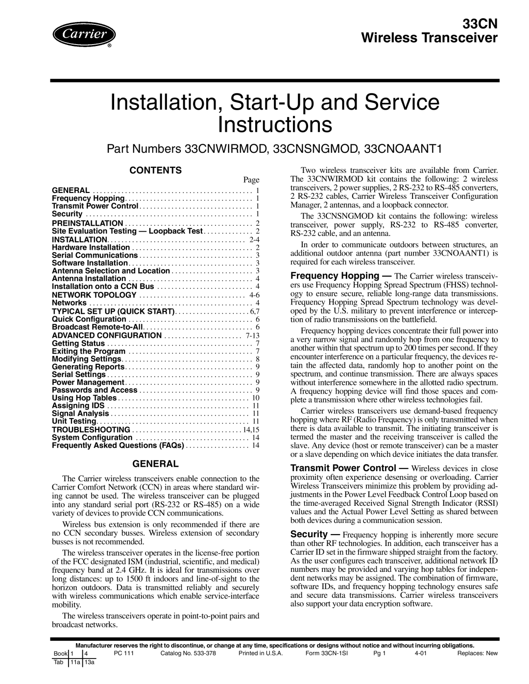 Carrier 33CNWIRMOD, 33CNSNGMOD, 33CNOAANT1 specifications Contents, General 