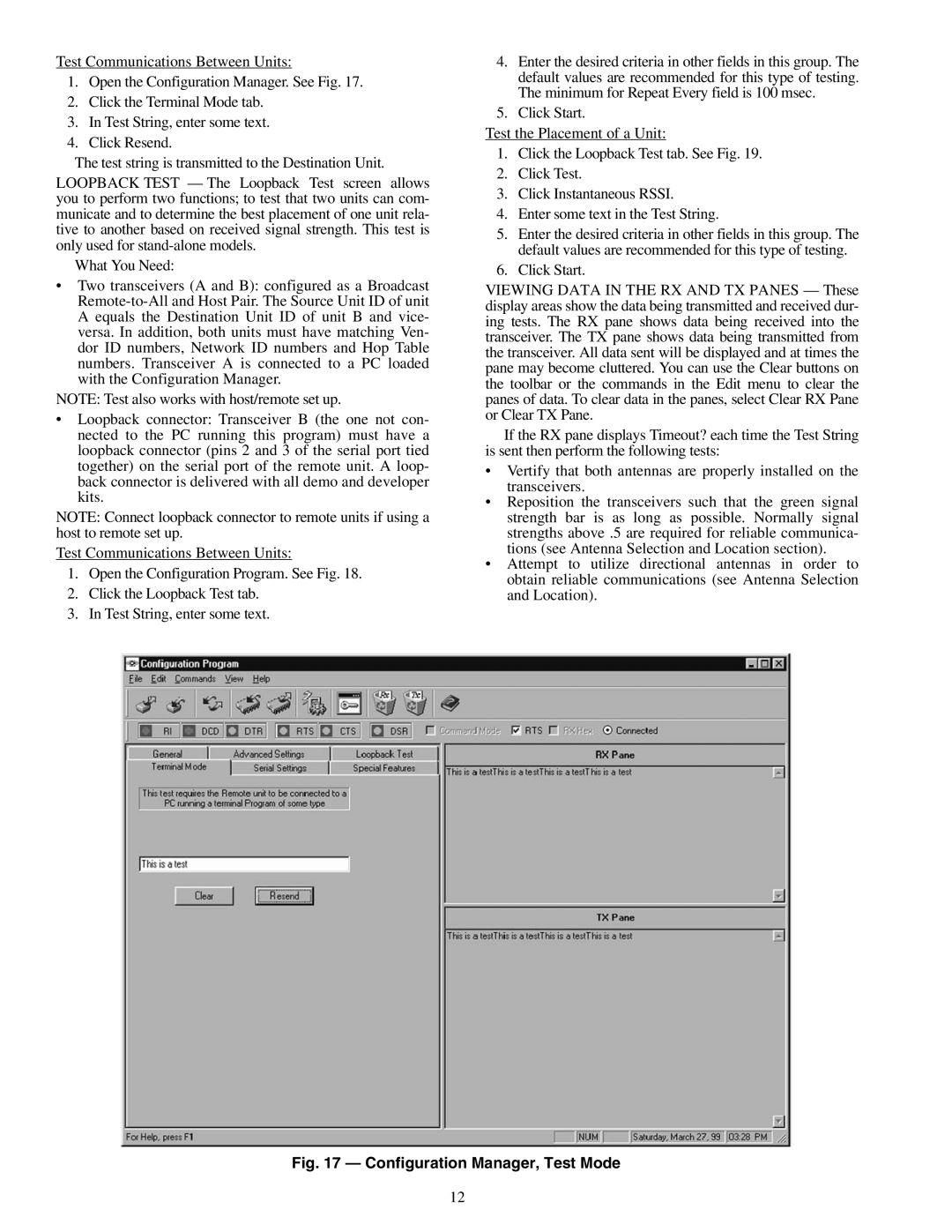 Carrier 33CNSNGMOD, 33CNWIRMOD, 33CNOAANT1 specifications Configuration Manager, Test Mode 