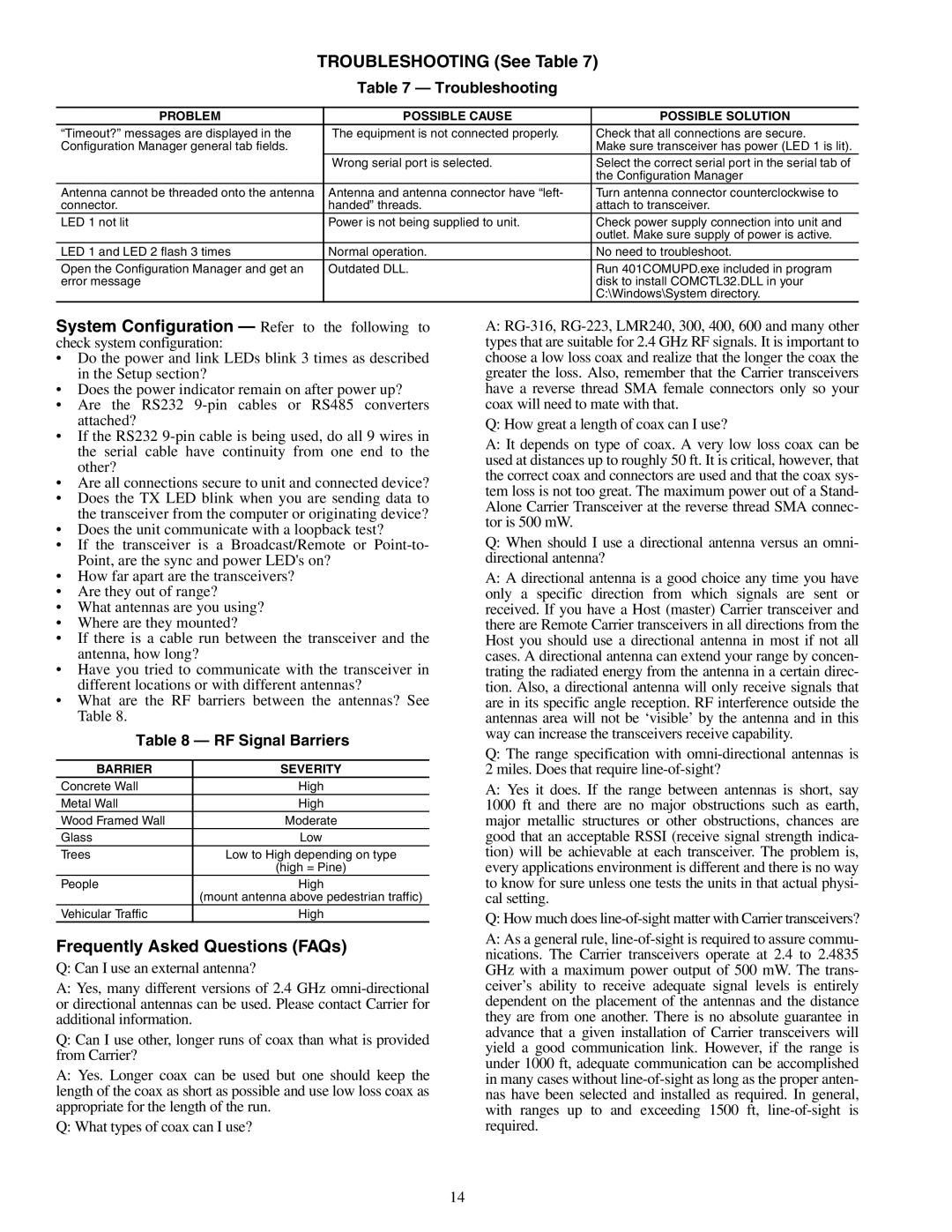 Carrier 33CNOAANT1, 33CNSNGMOD, 33CNWIRMOD Troubleshooting See Table, Frequently Asked Questions FAQs, RF Signal Barriers 