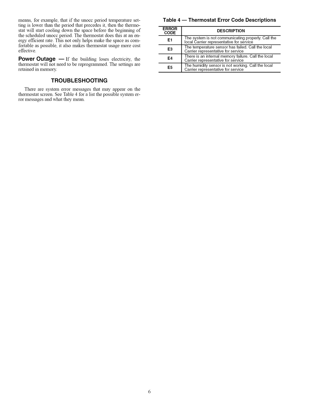 Carrier 33CS owner manual Troubleshooting, Thermostat Error Code Descriptions 