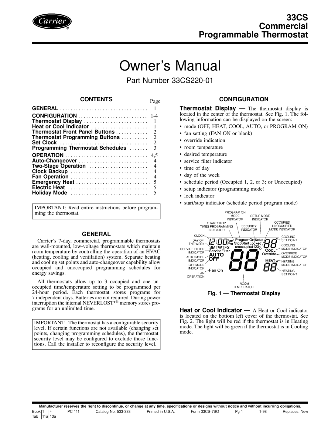 Carrier 33CS owner manual Contents, General, Configuration 