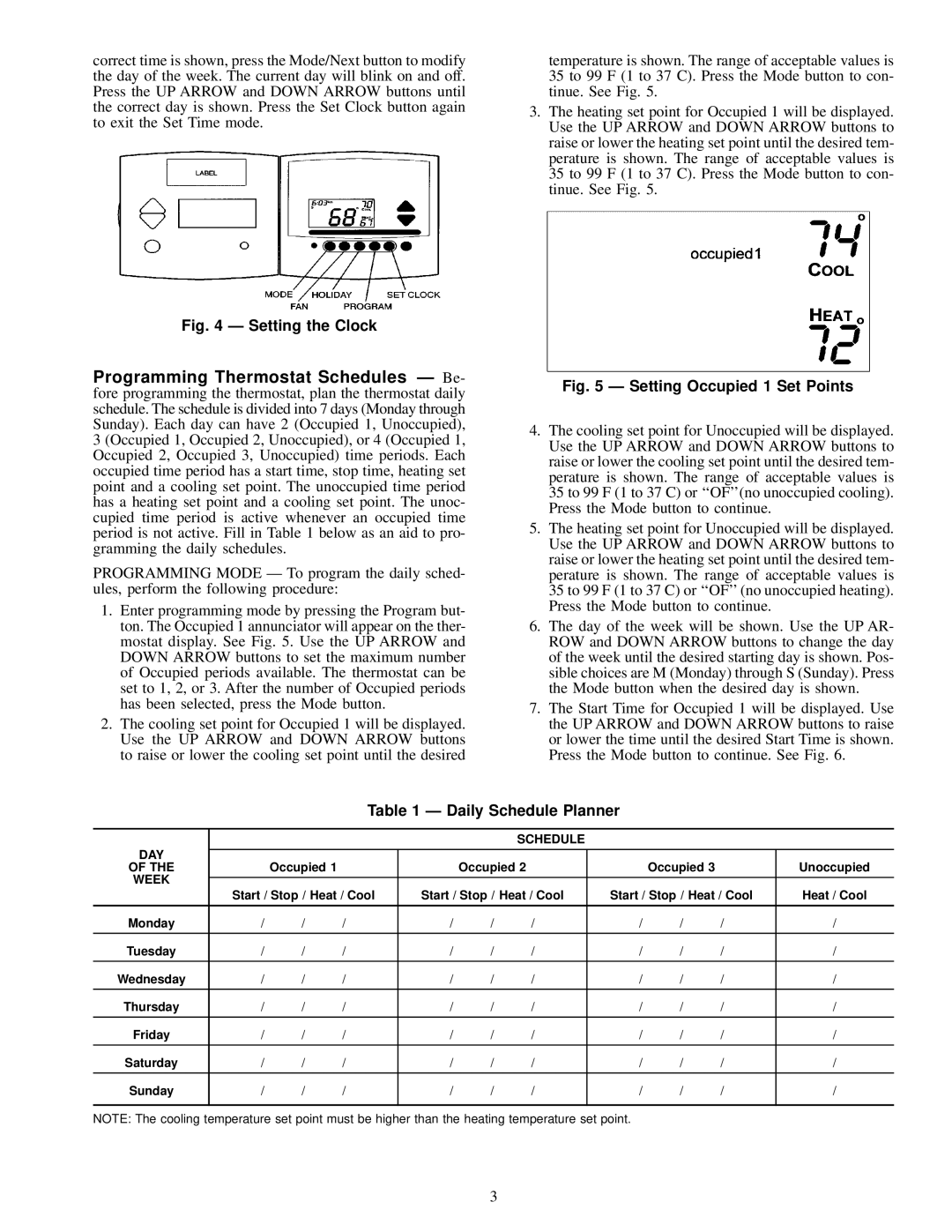 Carrier 33CS owner manual Setting the Clock, Daily Schedule Planner 