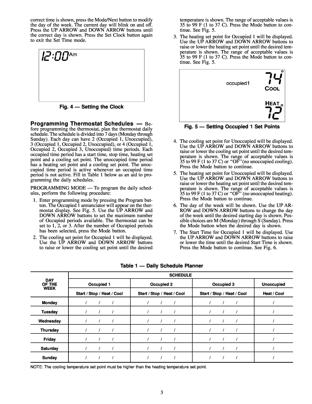Carrier 33CS owner manual Ð Setting the Clock, Ð Setting Occupied 1 Set Points, Ð Daily Schedule Planner, Of The, Week 