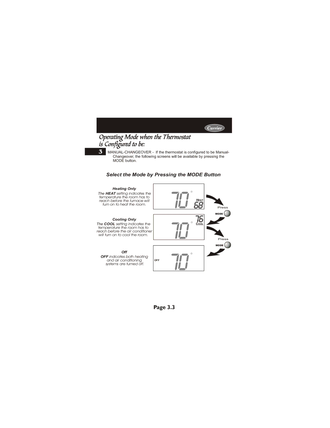 Carrier 33CS400-01 owner manual Operating Mode when the Thermostat is Configured to be, Cooling Only 