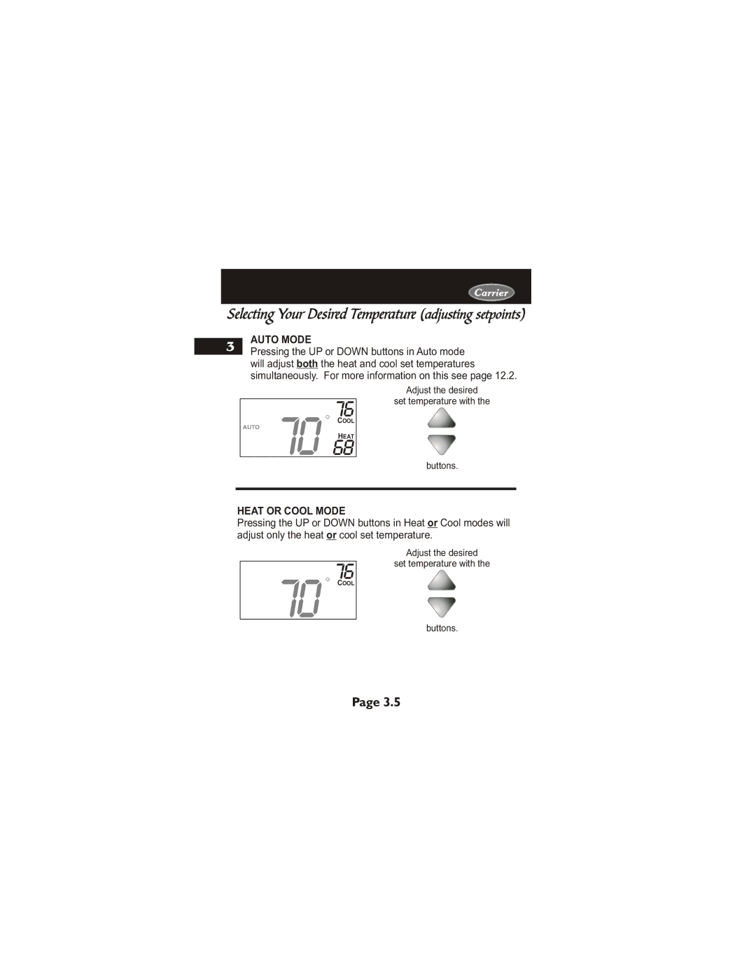 Carrier 33CS400-01 owner manual Selecting Your Desired Temperature adjusting setpoints 