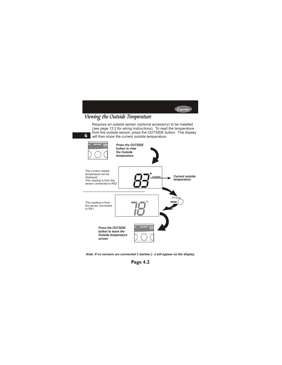 Carrier 33CS400-01 owner manual Viewing the Outside Temperature, Press the Outside button to view the Outside temperature 