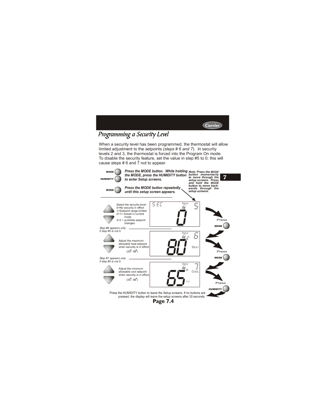 Carrier 33CS400-01 owner manual Programming a Security Level 