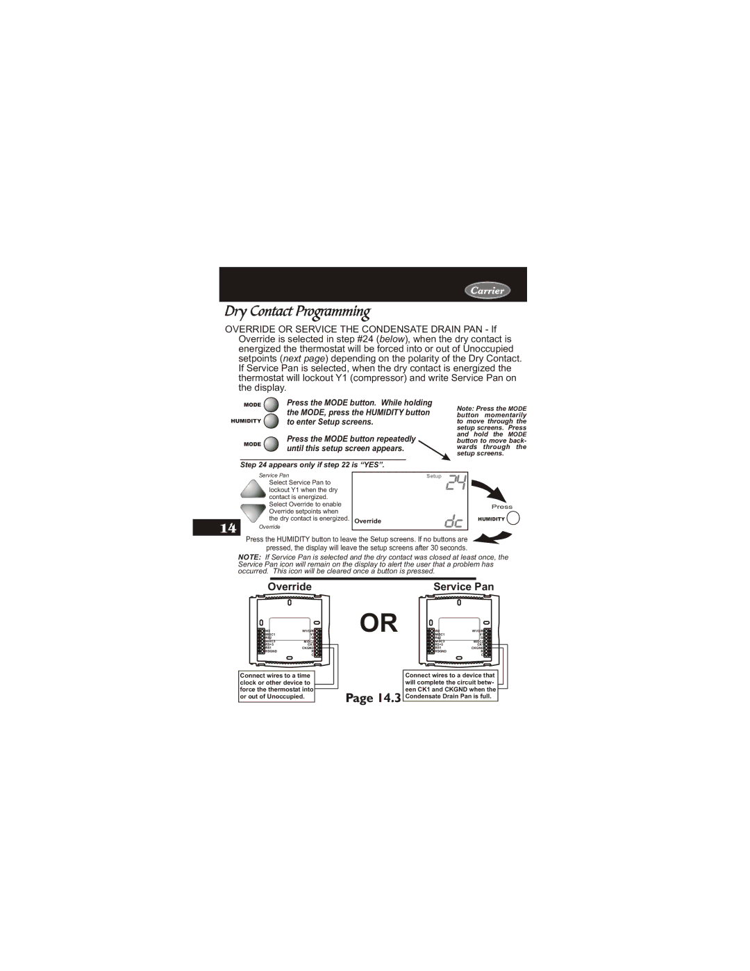 Carrier 33CS400-01 owner manual Dry Contact Programming, Service Pan 