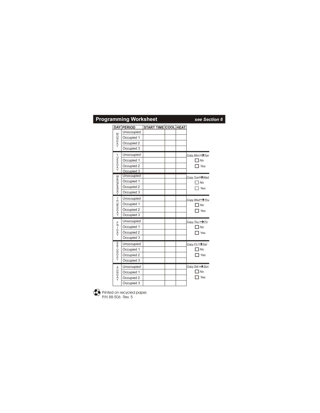 Carrier 33CS450-01 owner manual Programming Worksheet 