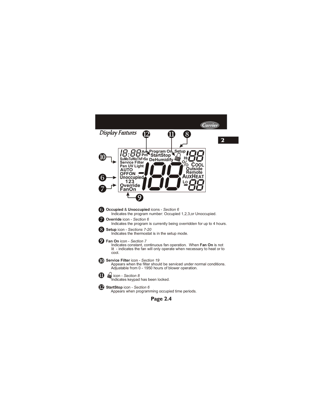 Carrier 33CS450-01 owner manual Occupied & Unoccupied icons Section 