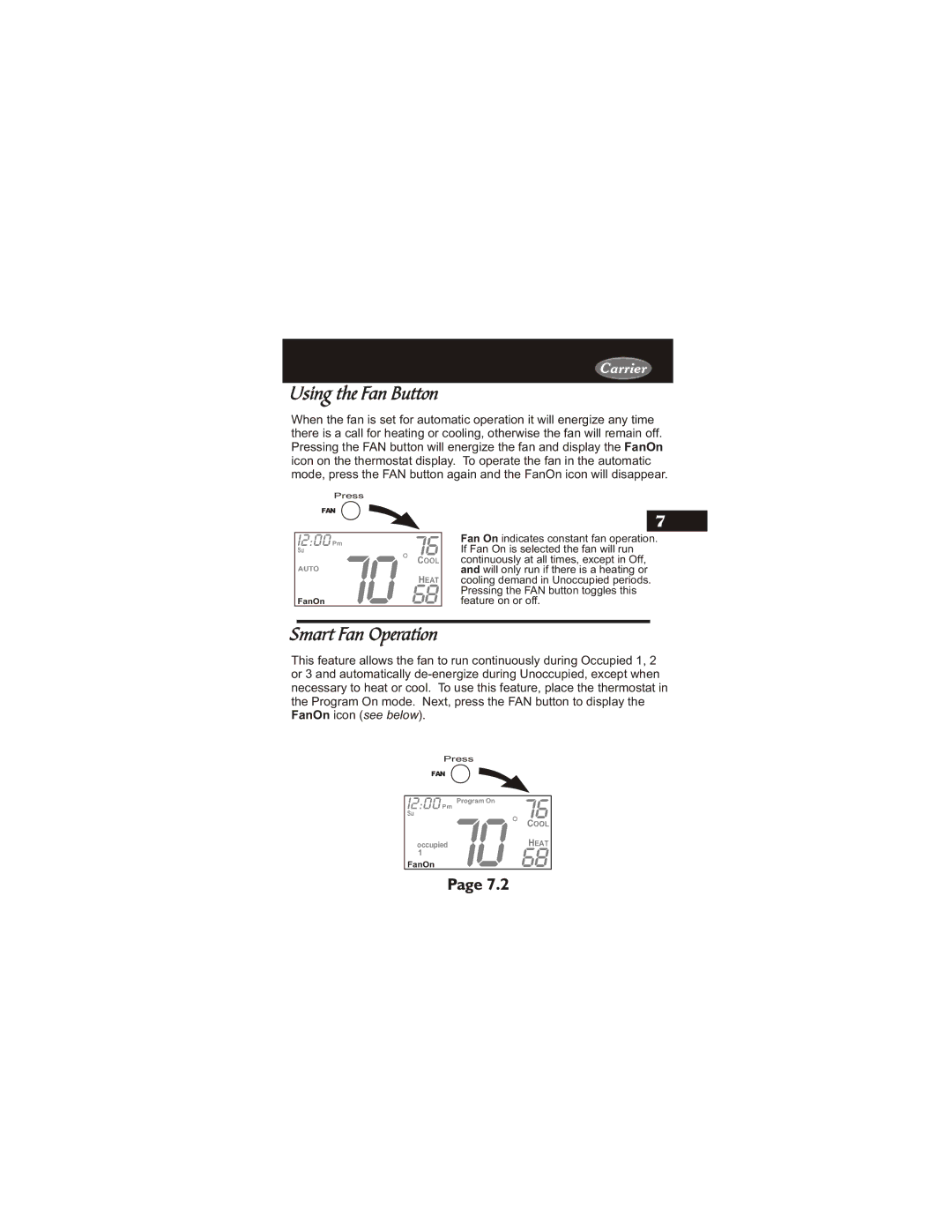 Carrier 33CS450-01 owner manual Using the Fan Button, Smart Fan Operation 