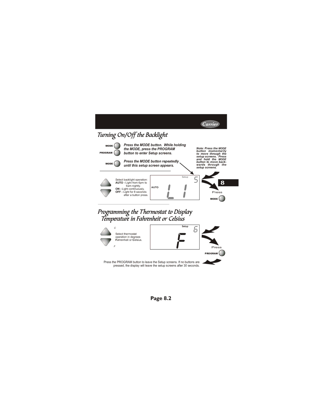 Carrier 33CS450-01 owner manual Turning On/Off the Backlight 