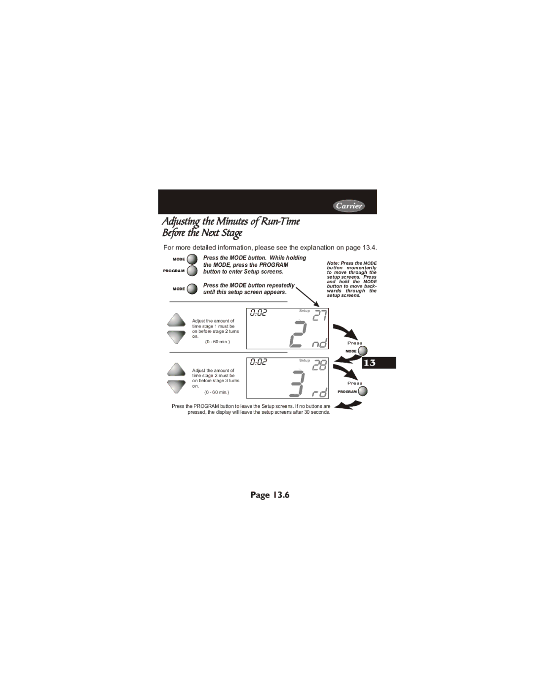 Carrier 33CS450-01 owner manual Adjusting the Minutes of Run-Time Before the Next Stage 