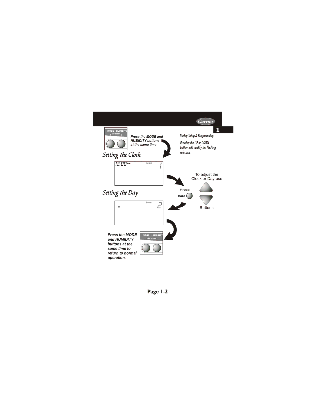 Carrier 33CS450-01 owner manual Setting the Clock, Setting the Day 