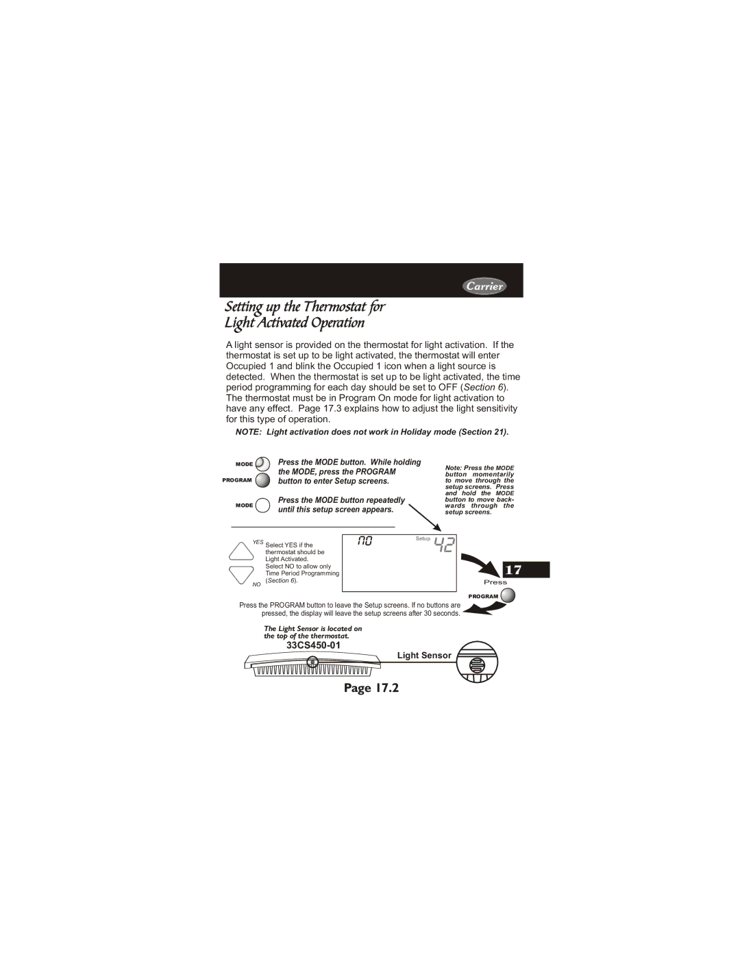 Carrier 33CS450-01 owner manual Setting up the Thermostat for Light Activated Operation 