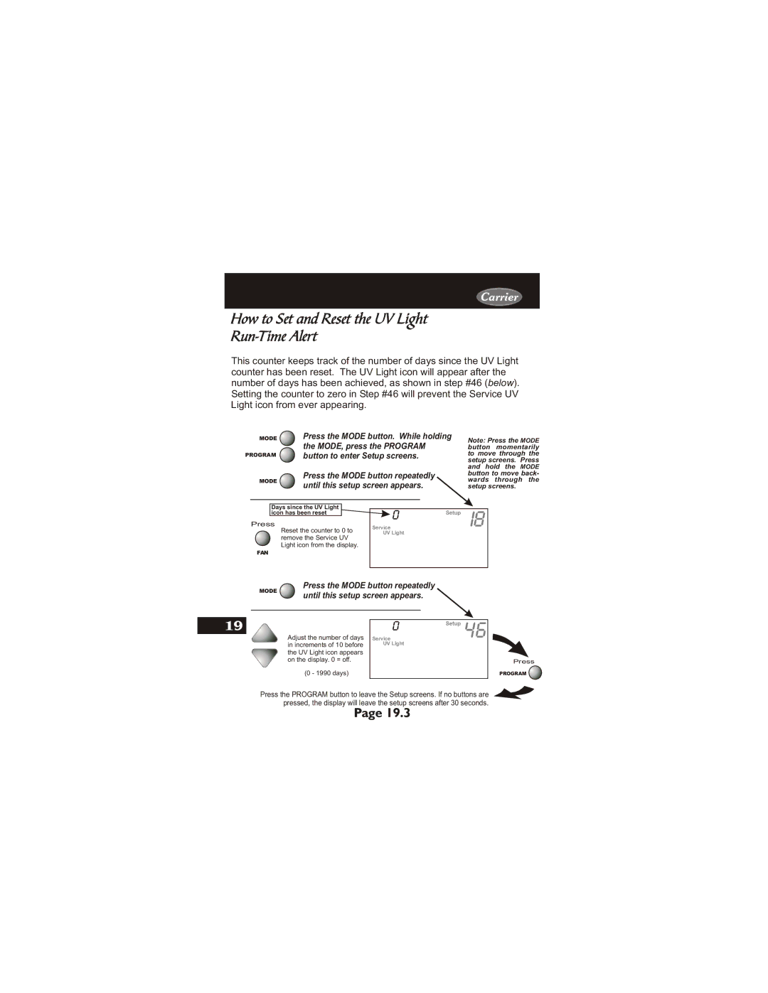 Carrier 33CS450-01 owner manual How to Set and Reset the UV Light Run-Time Alert 