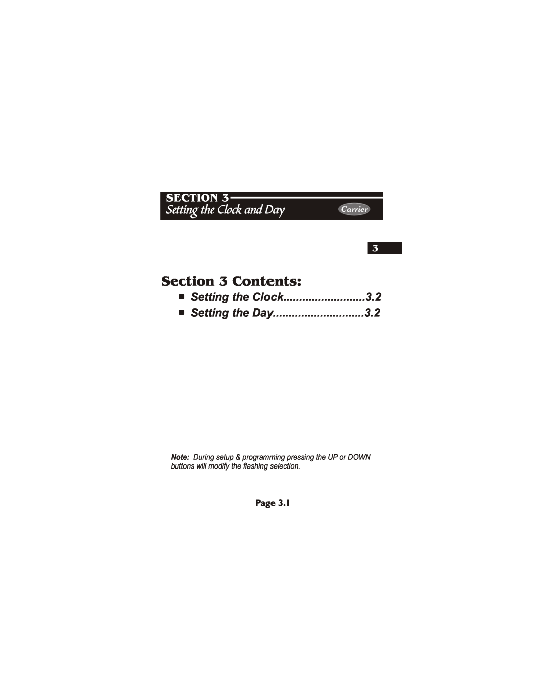 Carrier 33CS450-01 owner manual Contents, Setting the Clock and Day, Setting the Day, Section, Page, Carrier 