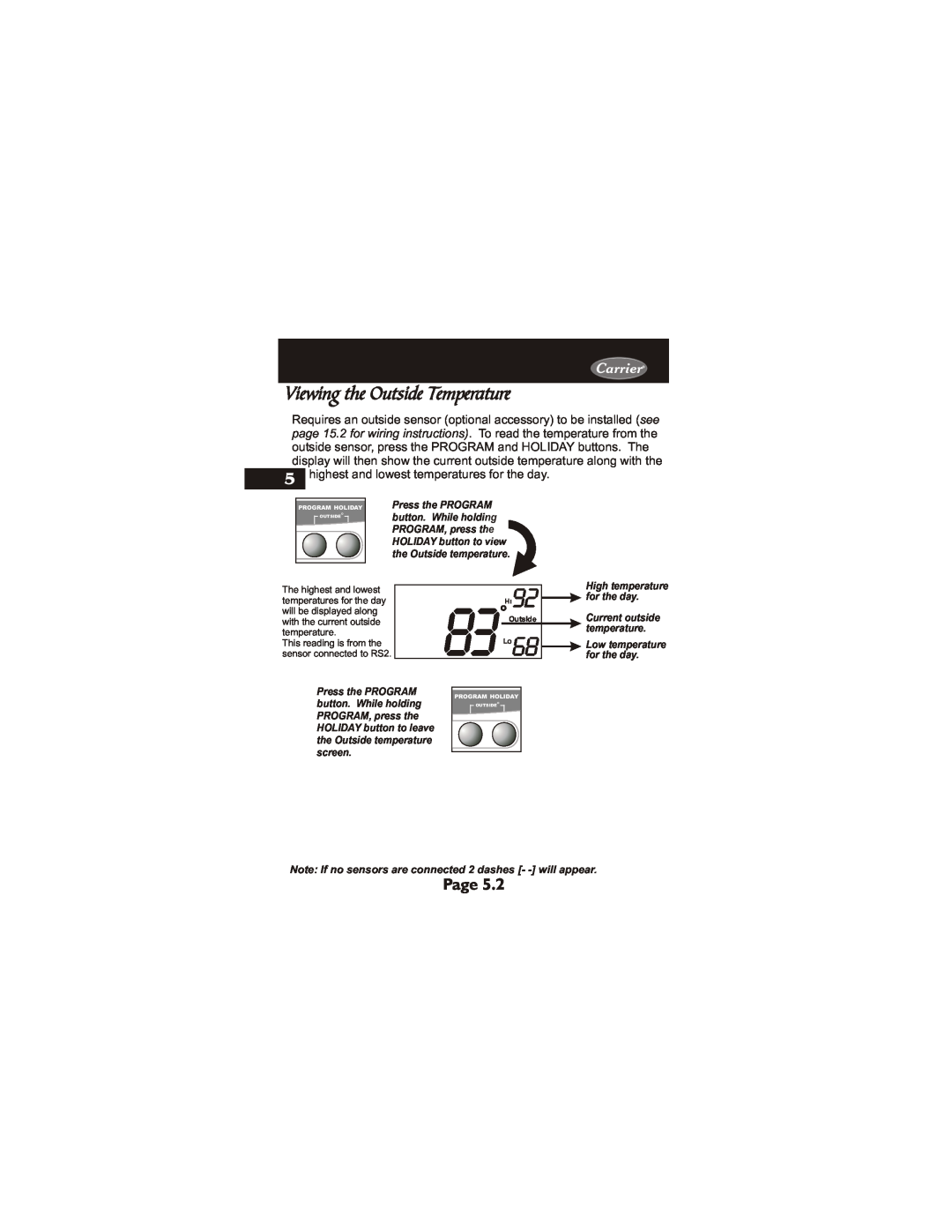 Carrier 33CS450-01 owner manual Viewing the Outside Temperature, Page, Carrier 