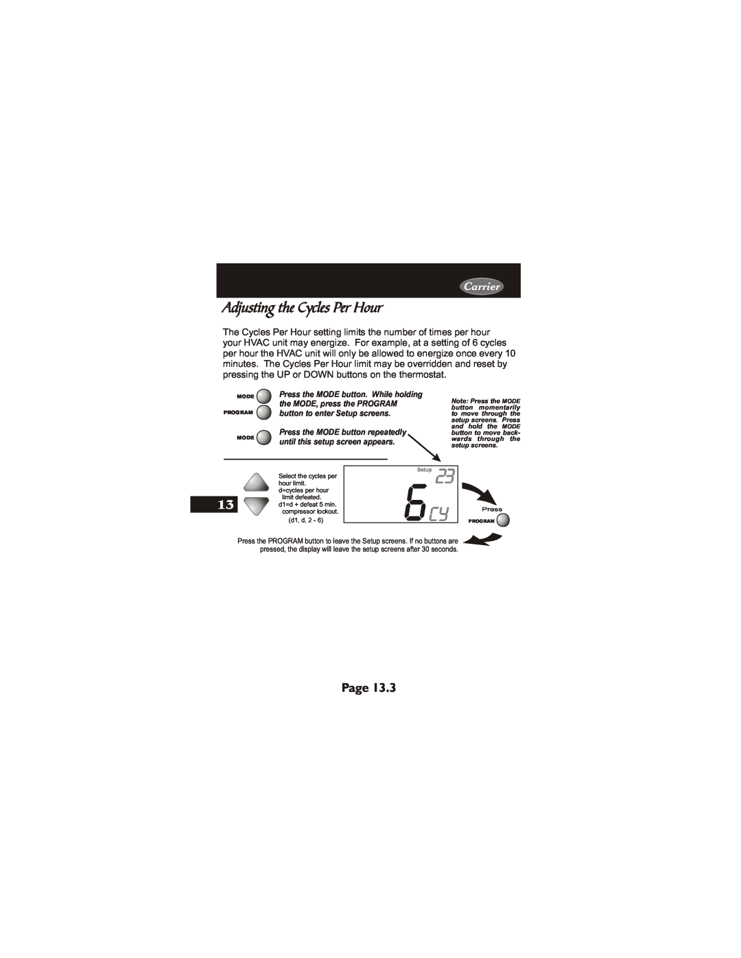 Carrier 33CS450-01 owner manual Adjusting the Cycles Per Hour, Page, Carrier 