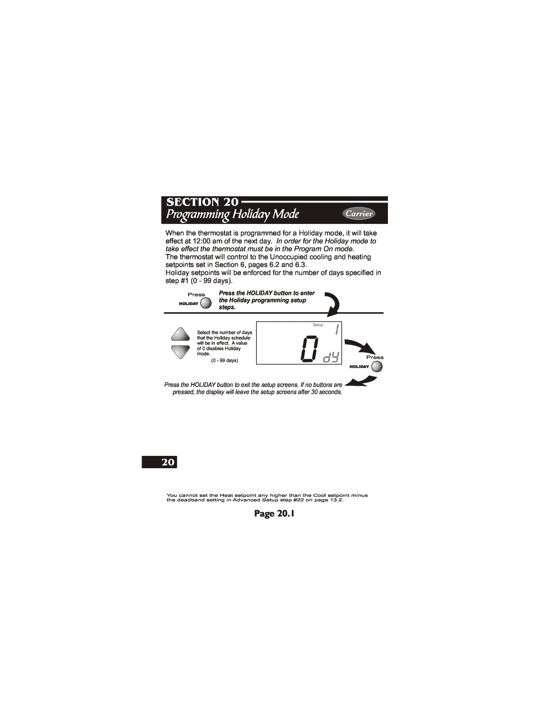 Carrier 33CS450-01 owner manual Programming Holiday Mode, Section, Page, Carrier 