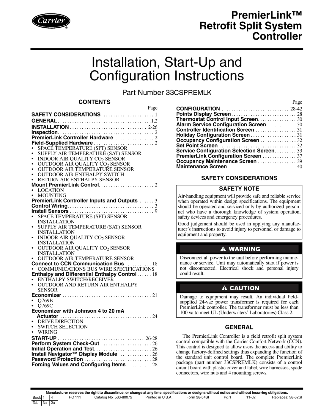 Carrier 33CSPREMLK specifications Installation, Start-Up Configuration Instructions 