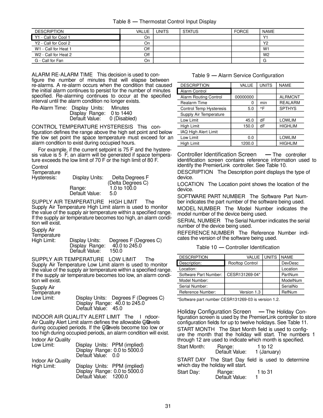 Carrier 33CSPREMLK specifications Thermostat Control Input Display, Alarm Service Configuration, Controller Identification 