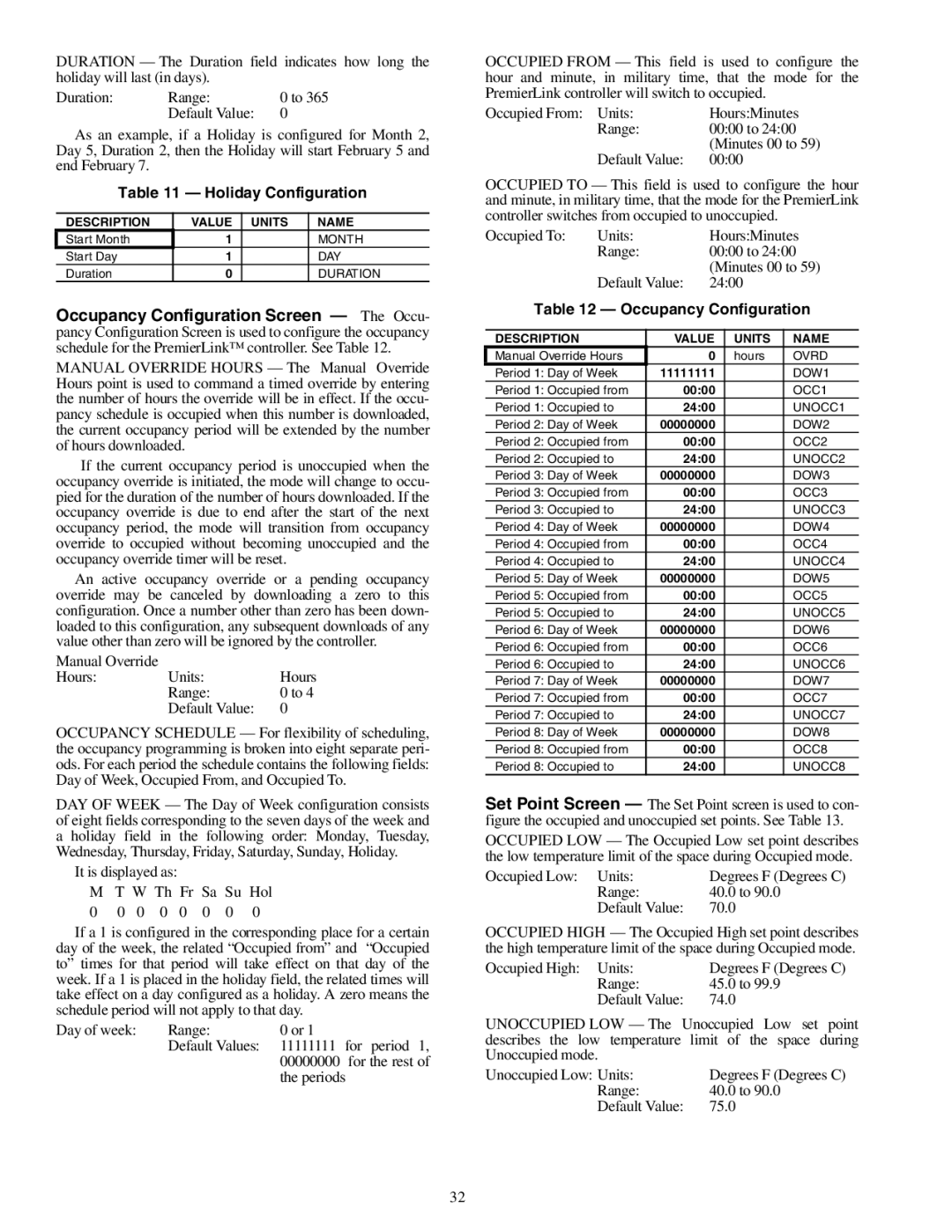 Carrier 33CSPREMLK specifications Holiday Configuration, Occupancy Configuration 