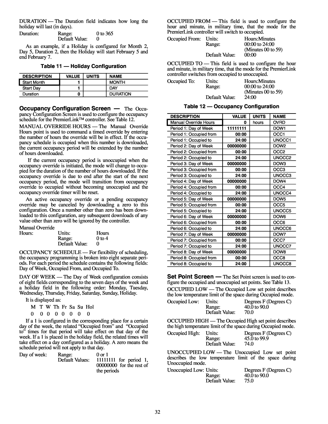 Carrier 33CSPREMLK specifications Holiday Configuration, Occupancy Configuration 