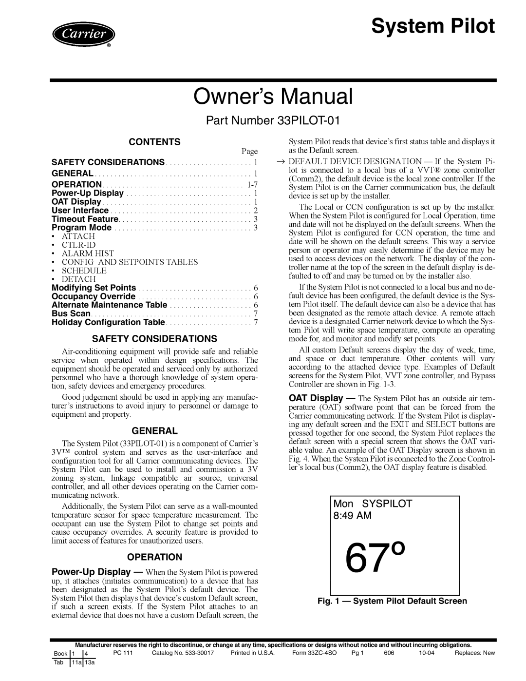 Carrier 33PILOT-01 owner manual System Pilot 