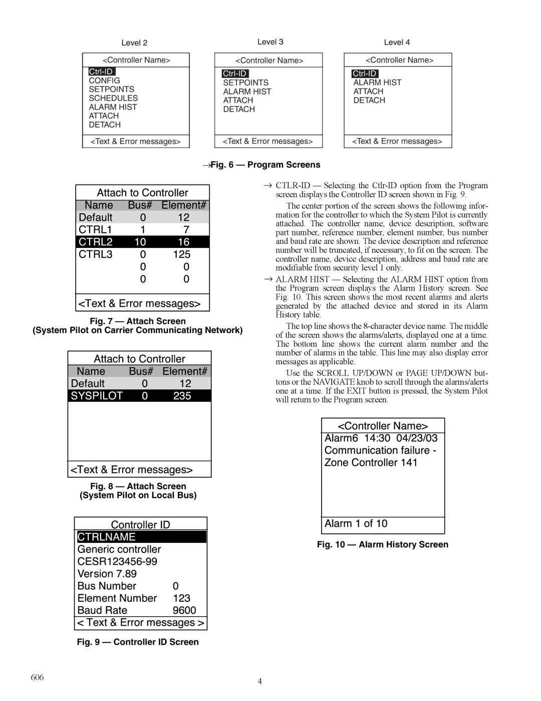 Carrier 33PILOT-01 owner manual Ctrl-→IDFig Program Screens, Attach Screen System Pilot on Carrier Communicating Network 