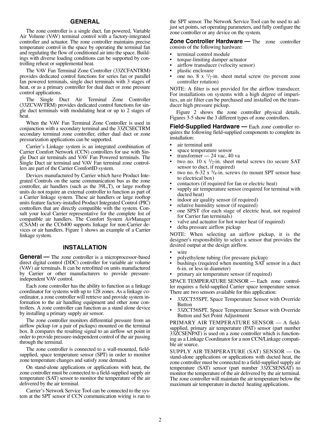 Carrier 33ZCSECTRM, 33ZCFANTRM, 33ZCVAVTRM specifications General 