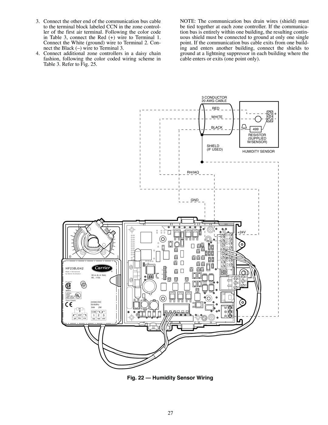 Carrier 33ZCFANTRM, 33ZCVAVTRM, 33ZCSECTRM specifications Humidity Sensor Wiring 