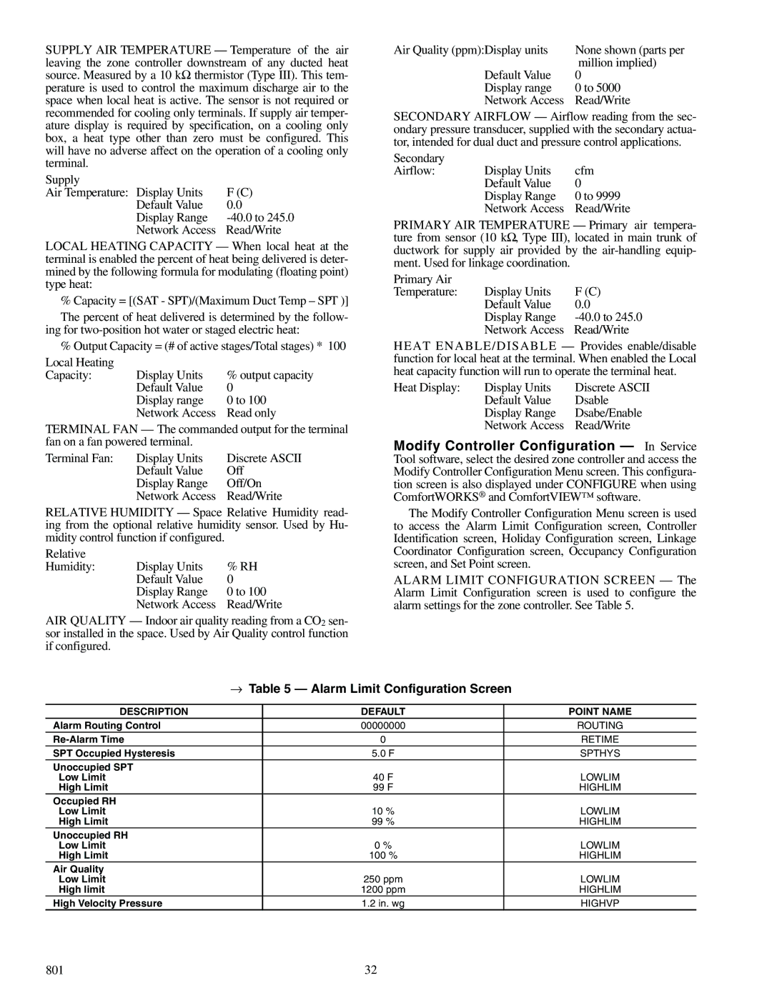 Carrier 33ZCSECTRM, 33ZCFANTRM Default Value Display range Network Access Read/Write, → Alarm Limit Configuration Screen 