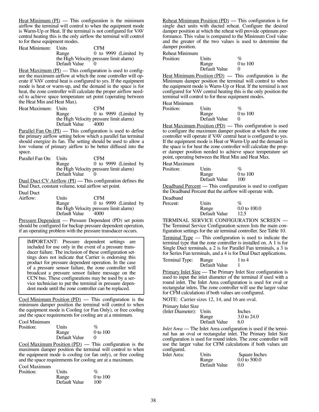 Carrier 33ZCSECTRM, 33ZCFANTRM, 33ZCVAVTRM specifications Range Default Value 