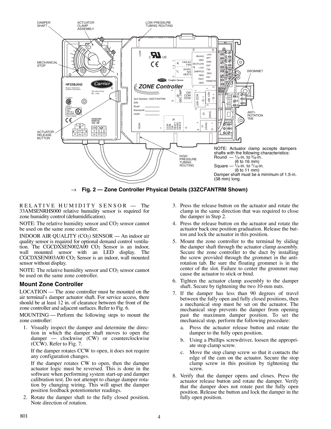 Carrier 33ZCVAVTRM, 33ZCSECTRM specifications → Zone Controller Physical Details 33ZCFANTRM Shown, HF23BJ042 