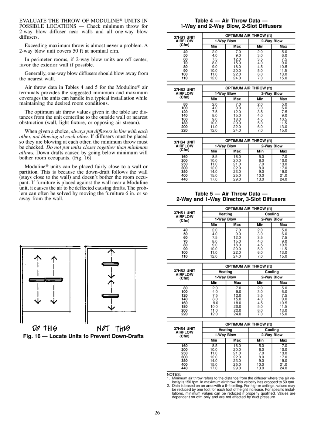 Carrier 37HS specifications Air Throw Data Ð Way and 1-Way Director, 3-Slot Diffusers 