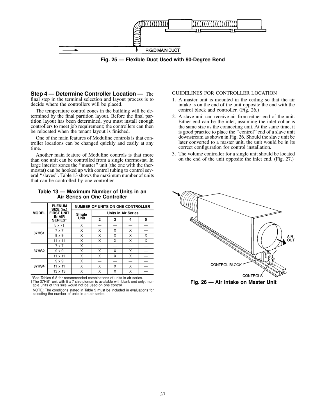 Carrier 37HS Flexible Duct Used with 90-Degree Bend, Maximum Number of Units in an Air Series on One Controller 