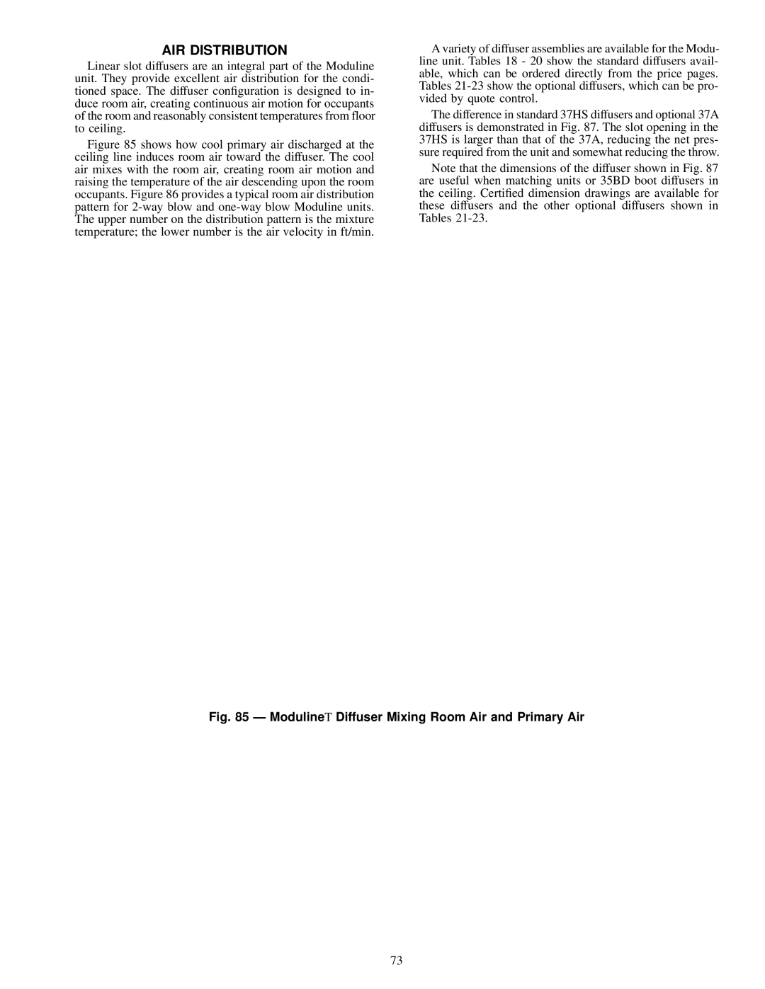 Carrier 37HS specifications AIR Distribution, Moduline Diffuser Mixing Room Air and Primary Air 
