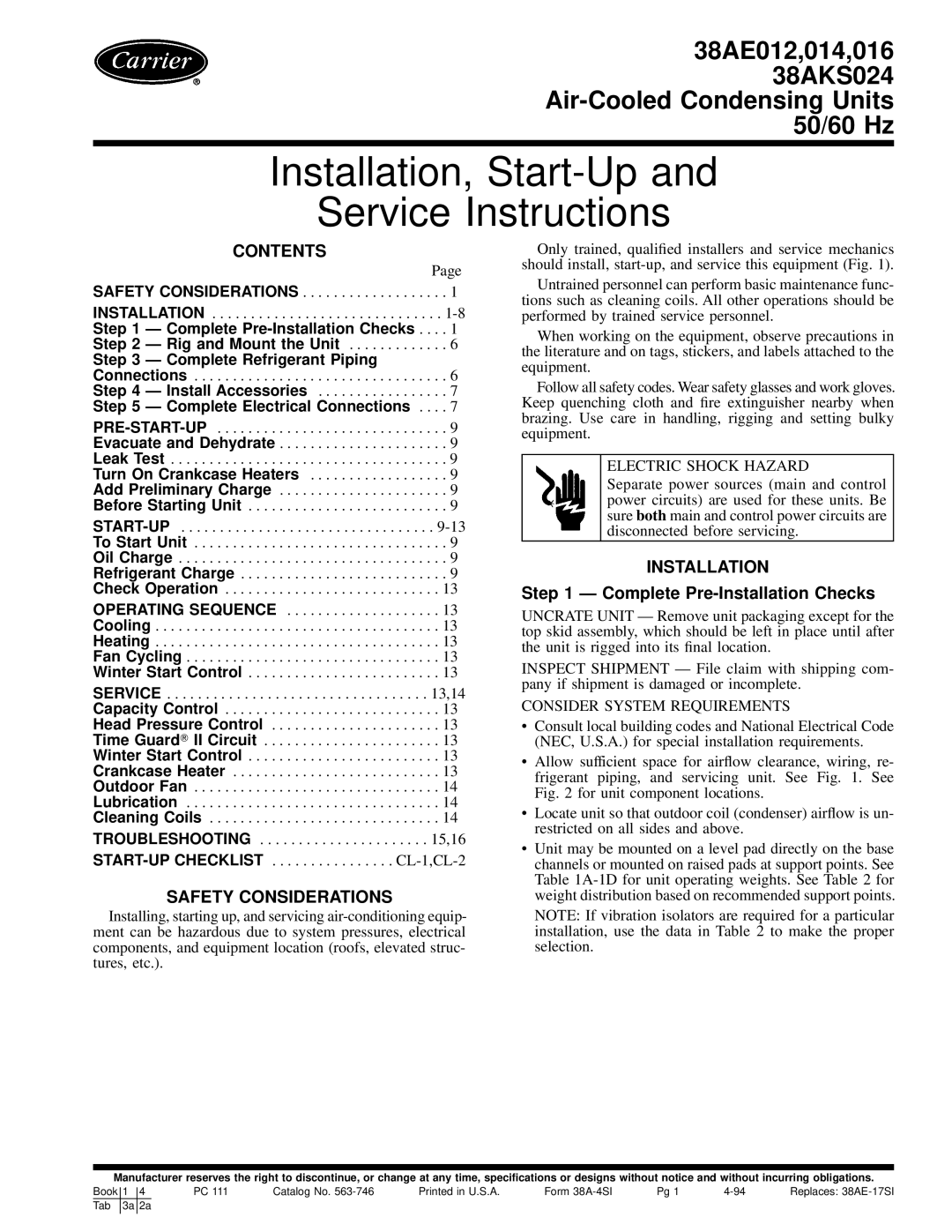 Carrier 38AE016, 38AE012, 38AE014 specifications Contents, Safety Considerations, Installation 