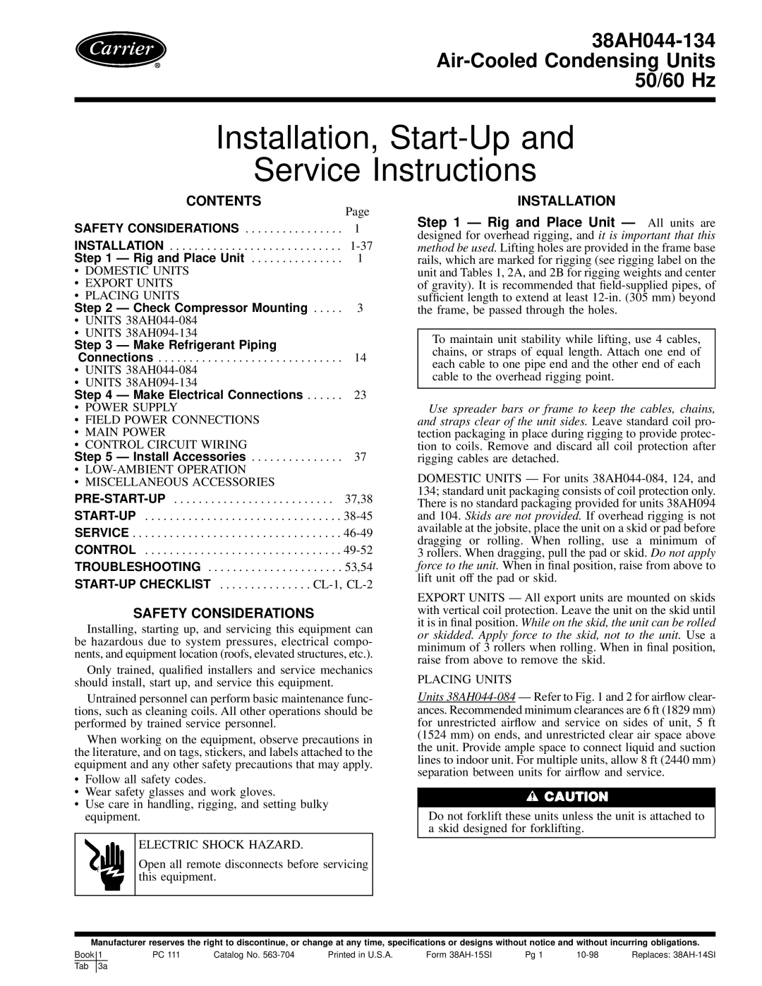 Carrier 38AH044-084 specifications Installation, Start-Up Service Instructions 