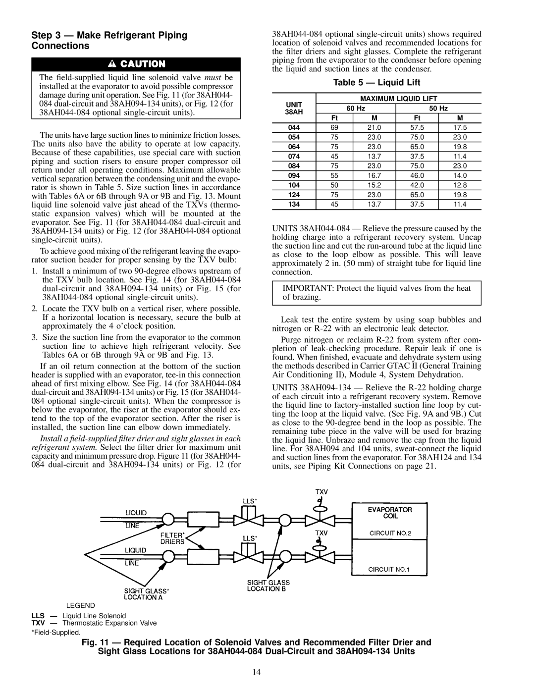 Carrier 38AH044-084 specifications Make Refrigerant Piping Connections, Unit Maximum Liquid Lift 