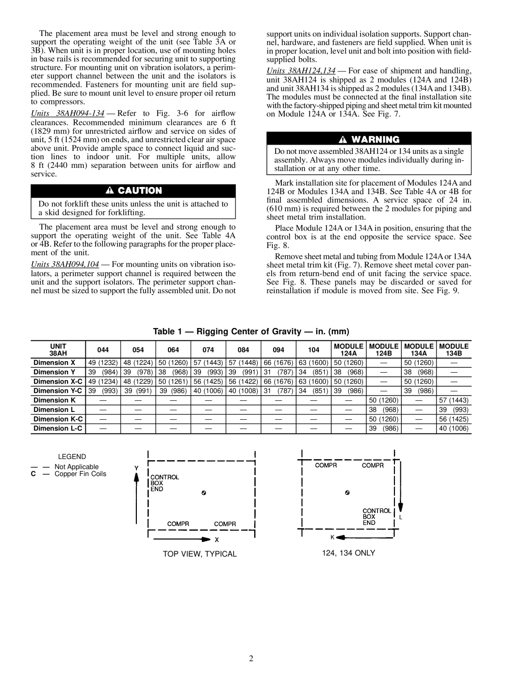 Carrier 38AH044-084 specifications Rigging Center of Gravity Ð in. mm, Unit, Module 